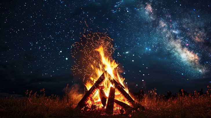 Bonfire burning beneath the Milky Way on a clear night