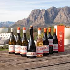 A lineup of wine bottles on a deck with mountain views