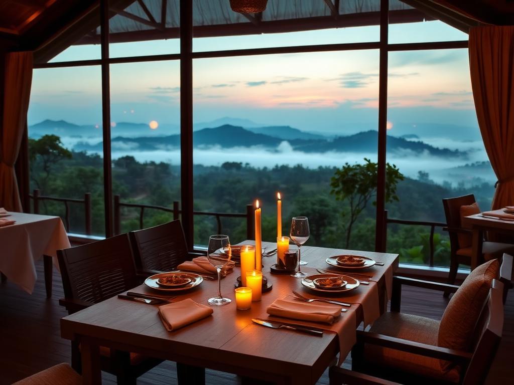 Candlelit mountain lodge restaurant with valley views