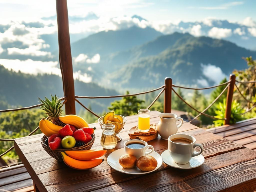 Breakfast terrace with fresh fruit and mountain panorama
