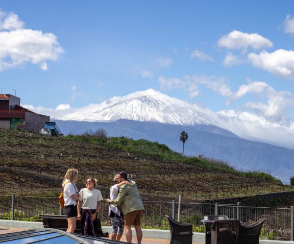 Guests on a vineyard terrace with a snow-capped mountain behind
