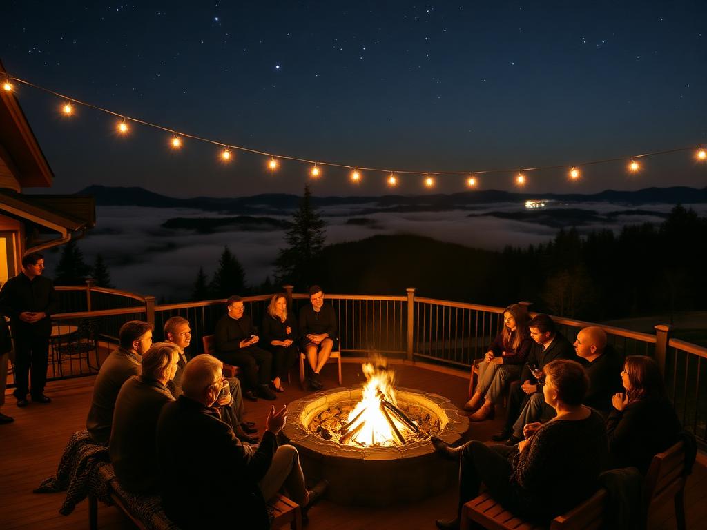 Guests celebrating around a warm outdoor gathering at the hotel terrace