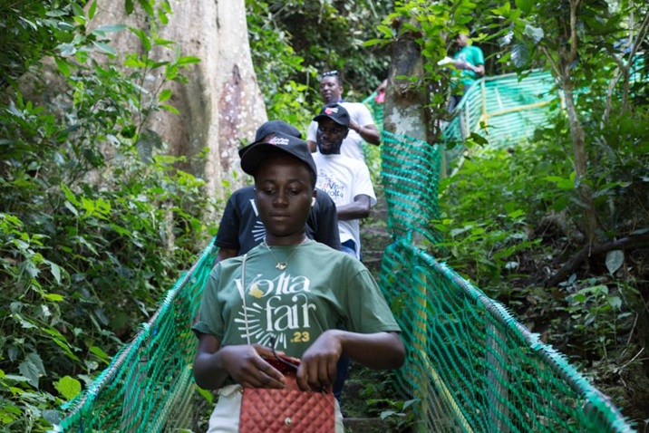 Visitors crossing the green rope canopy walk through the forest