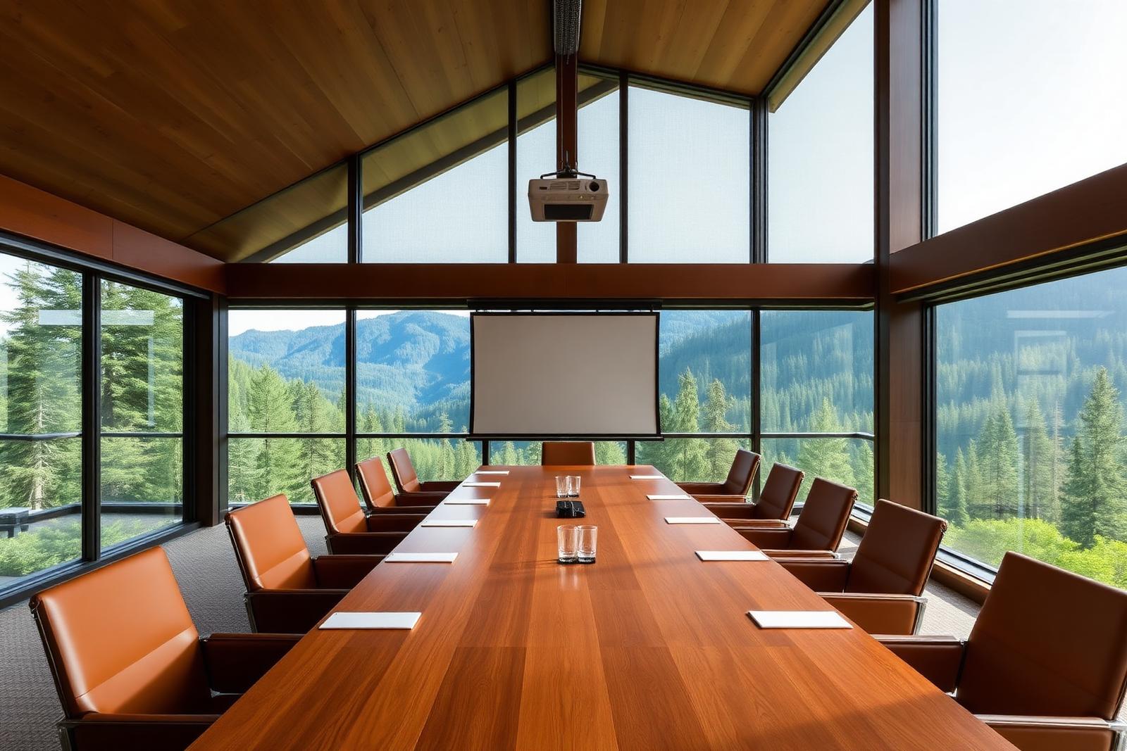 Mountain-view boardroom with long wooden table, projector screen and floor-to-ceiling windows