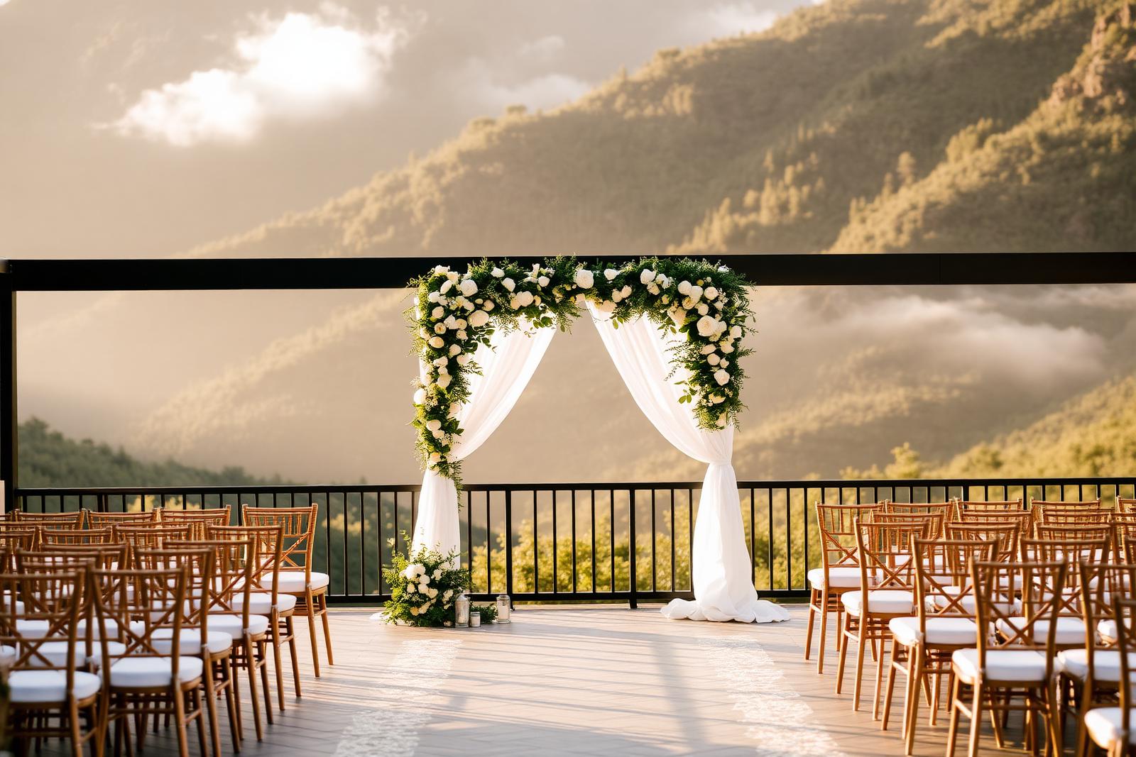 Outdoor wedding ceremony arch with white drapes overlooking misty green mountains